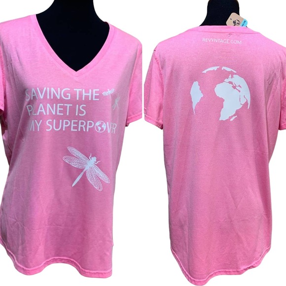 Danskin Now Tops - Hand Printed Upcycled 2X Saving the Planet Dragonfly Superpower Short Sleeve Tee